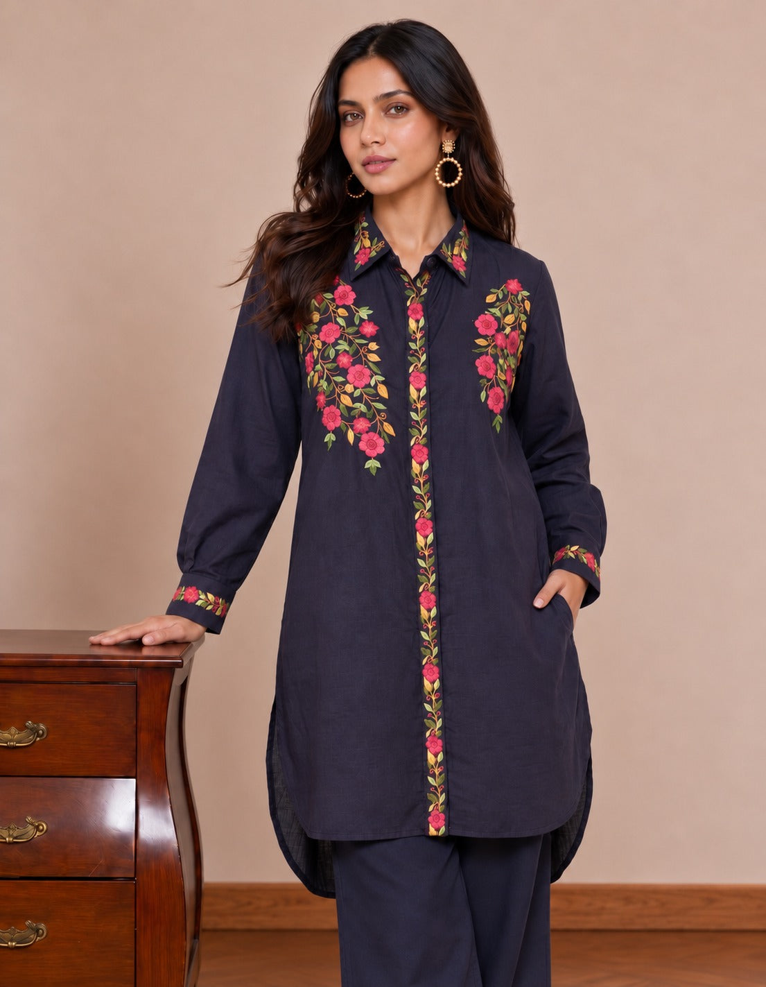 Deep Purple Embroidered Long Shirt