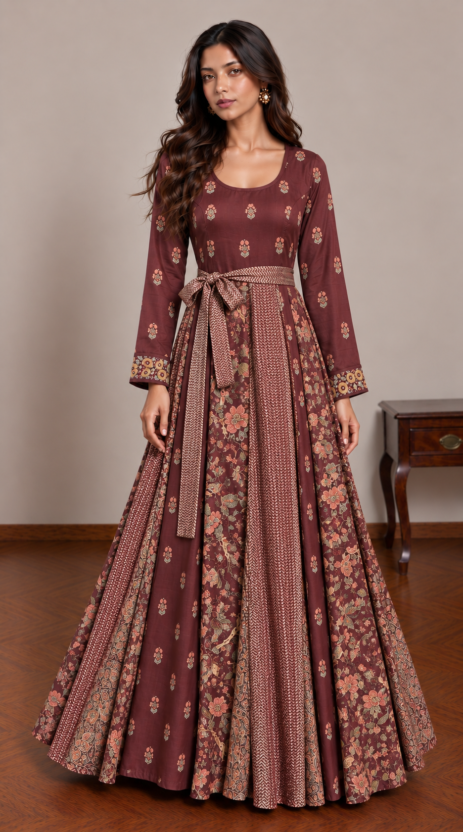 Maroon Multi-Printed Kali Dress with Belt