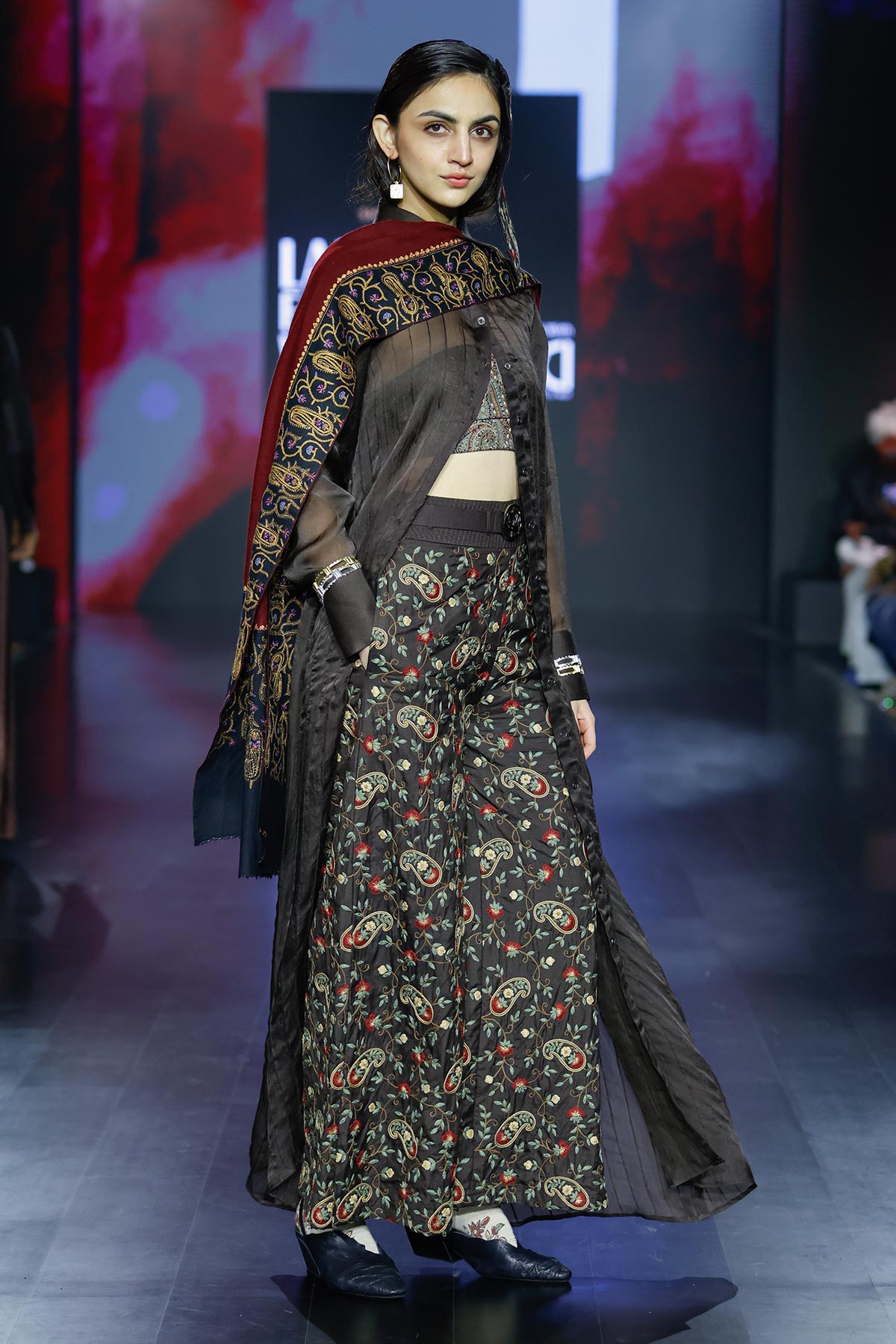 Brown silk paisley embroidered flared pants