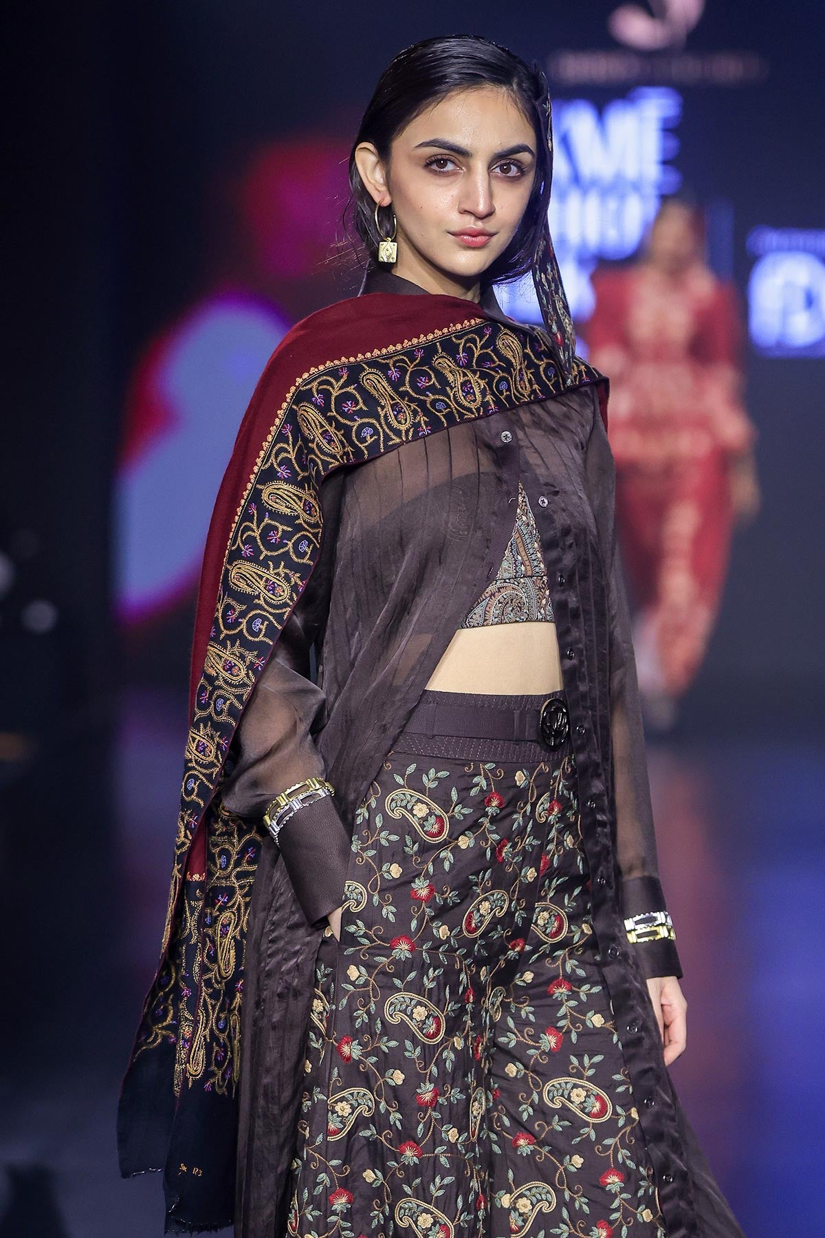 Brown silk paisley embroidered flared pants