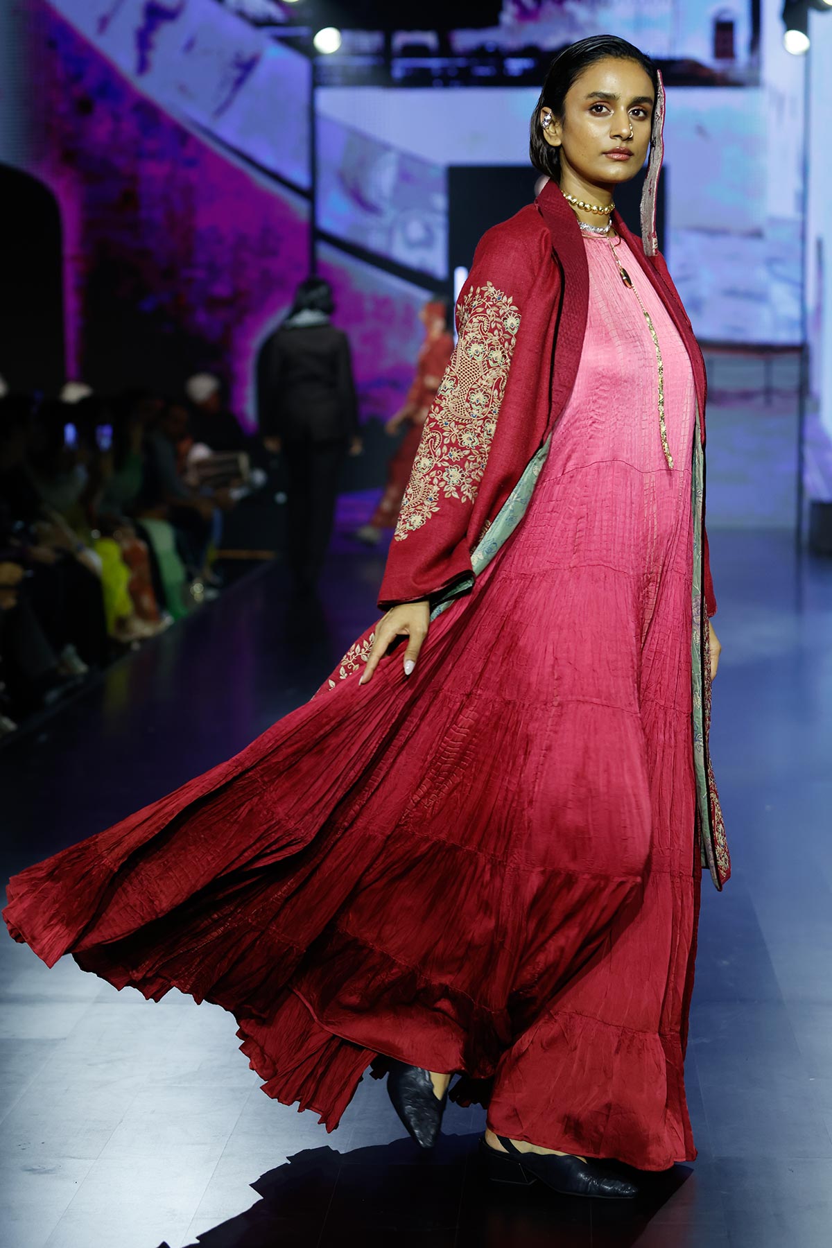 Maroon ombre tiered and crushed sleeveless maxi