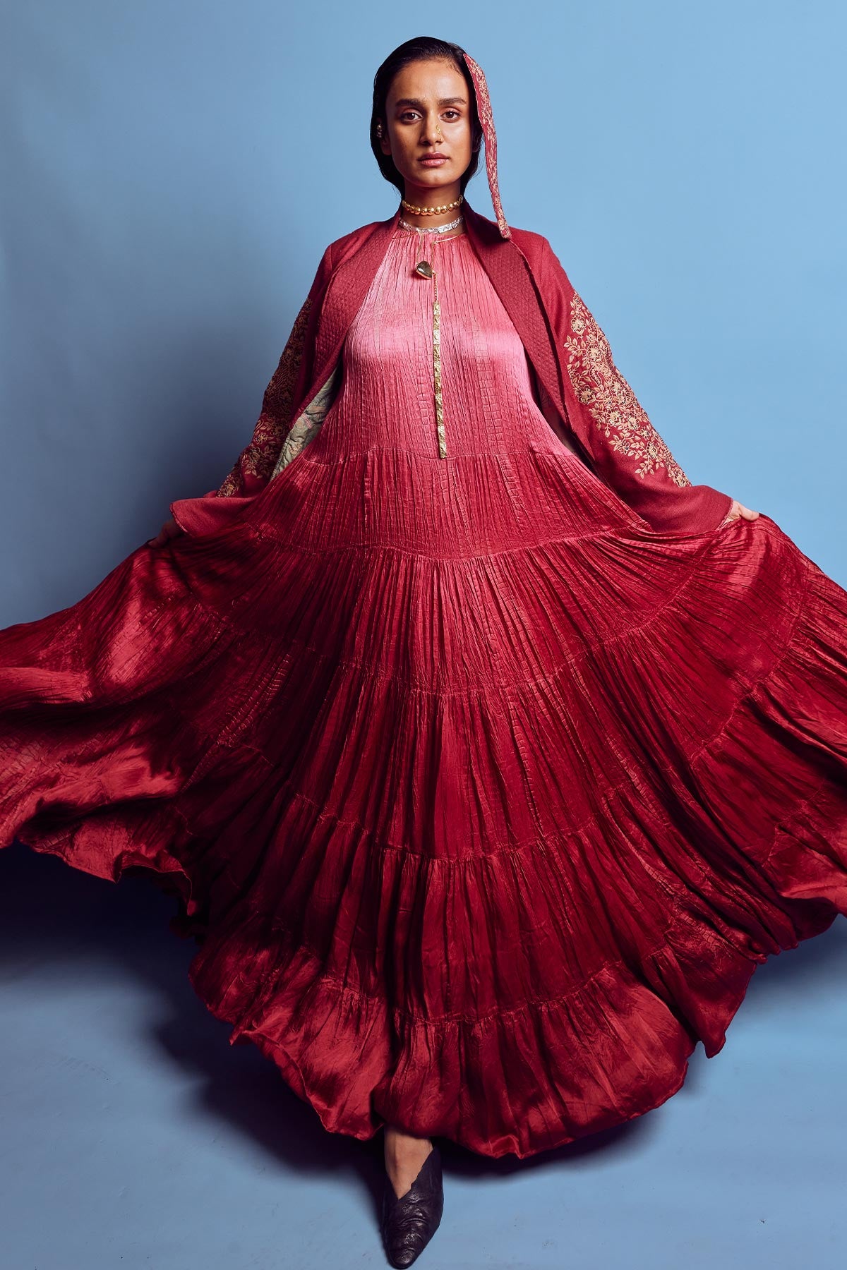 Maroon ombre tiered and crushed sleeveless maxi