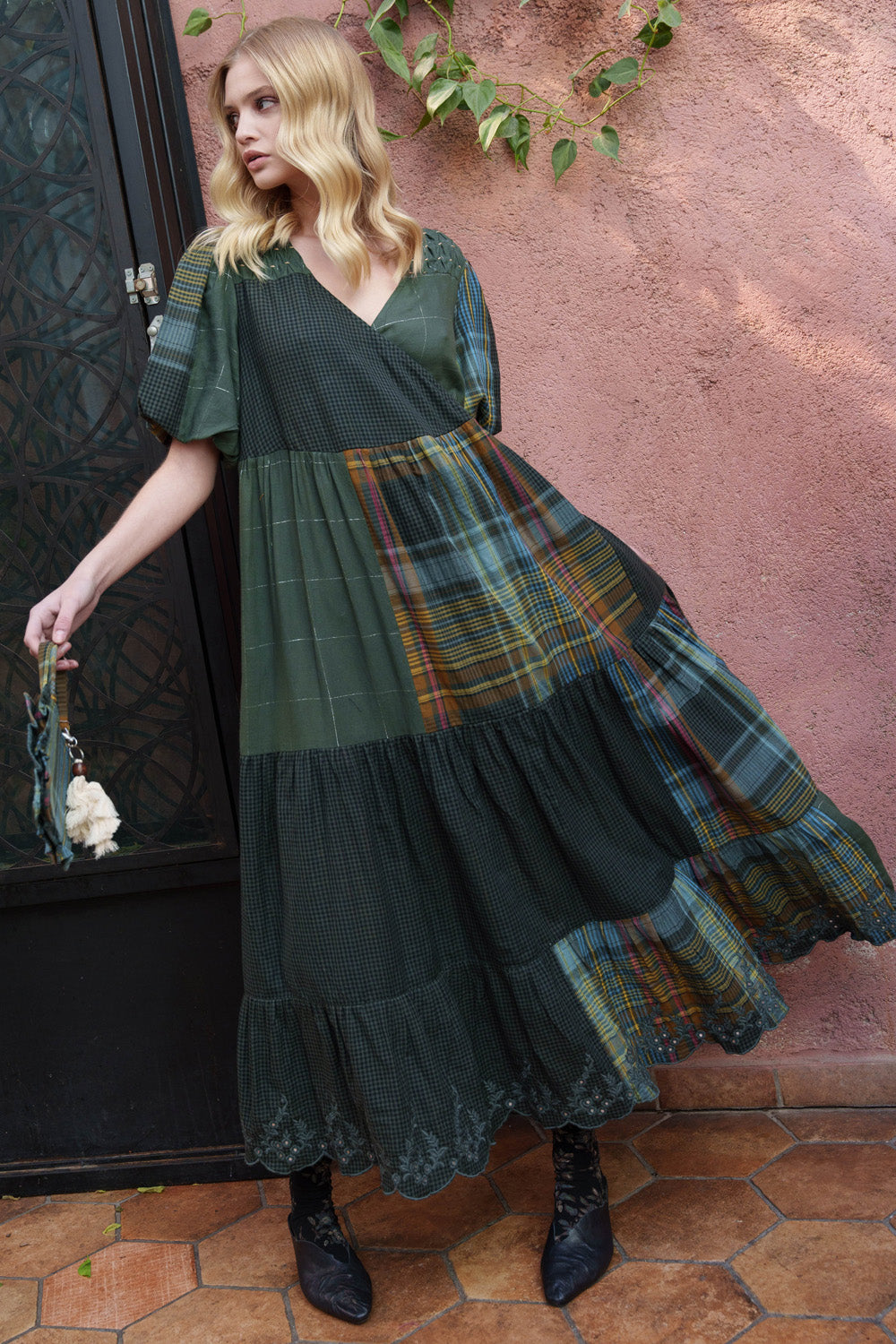 Green Cotton Tiered Dress.