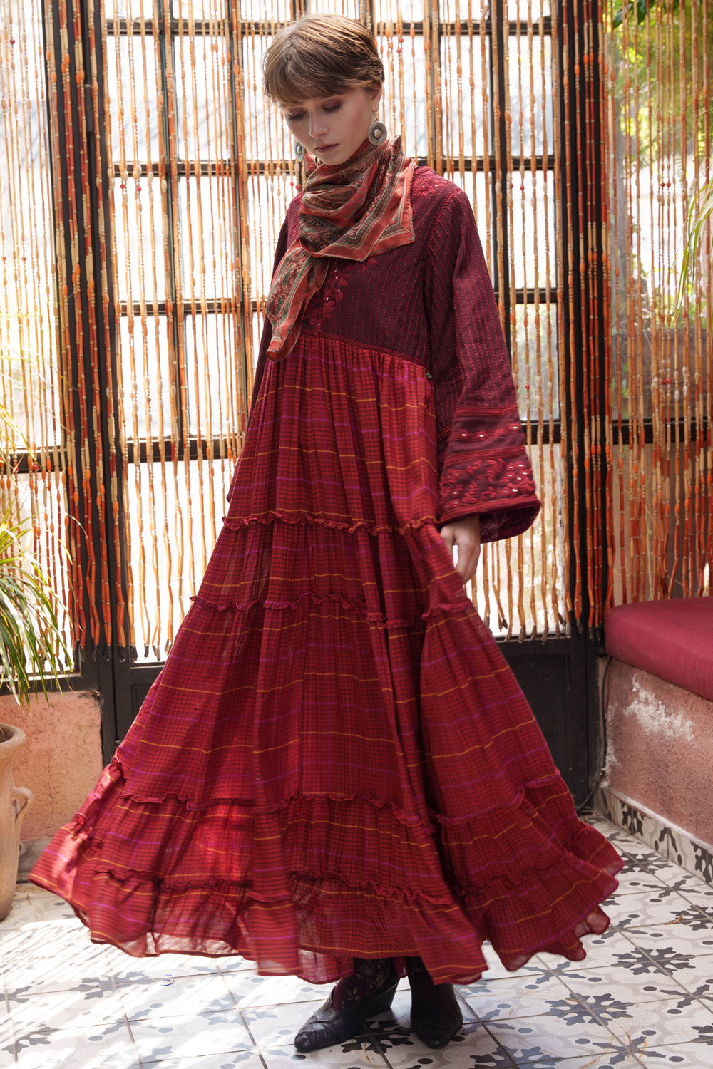 Red Mirror Embroidered Tiered Maxi