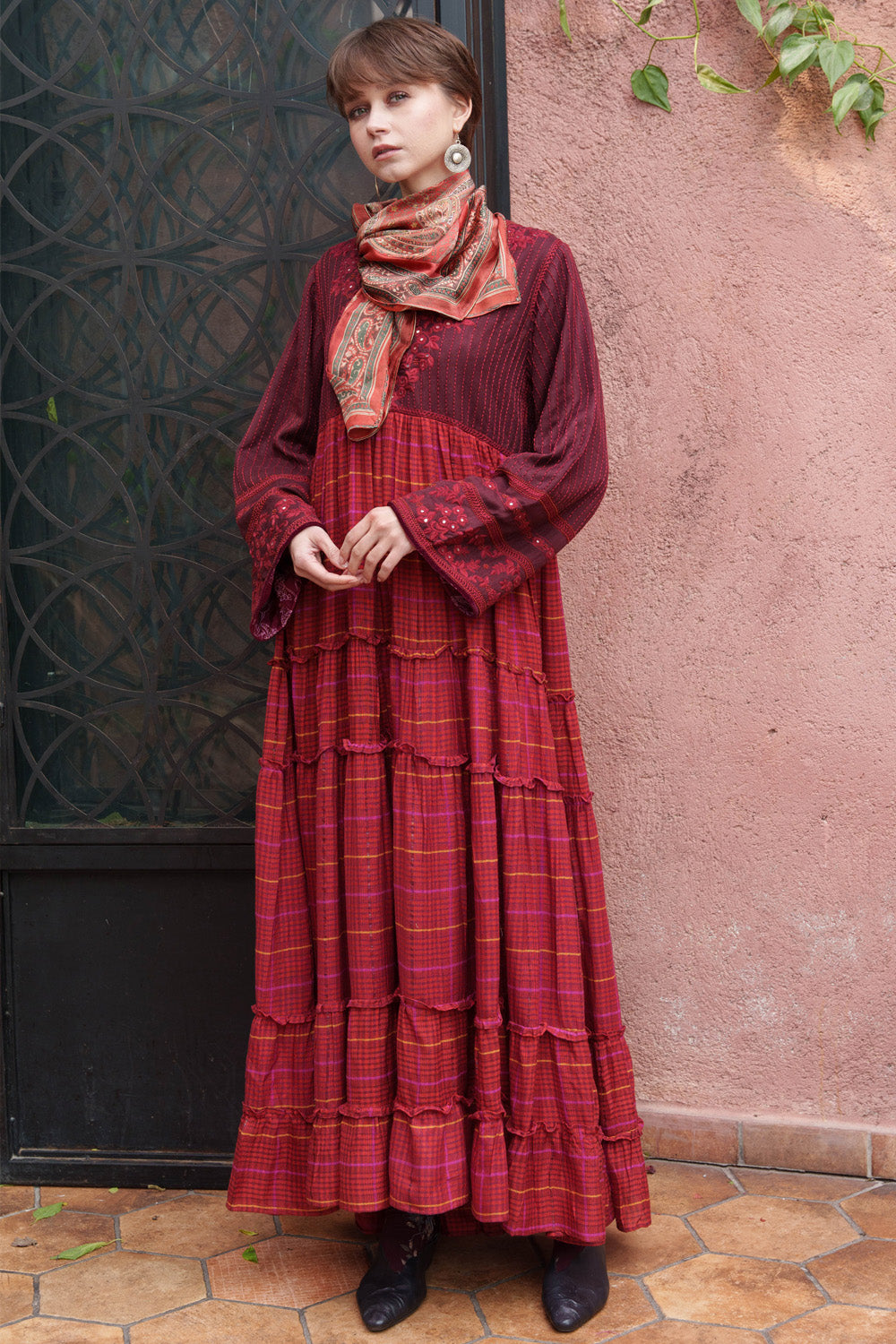 Red Mirror Embroidered Tiered Maxi