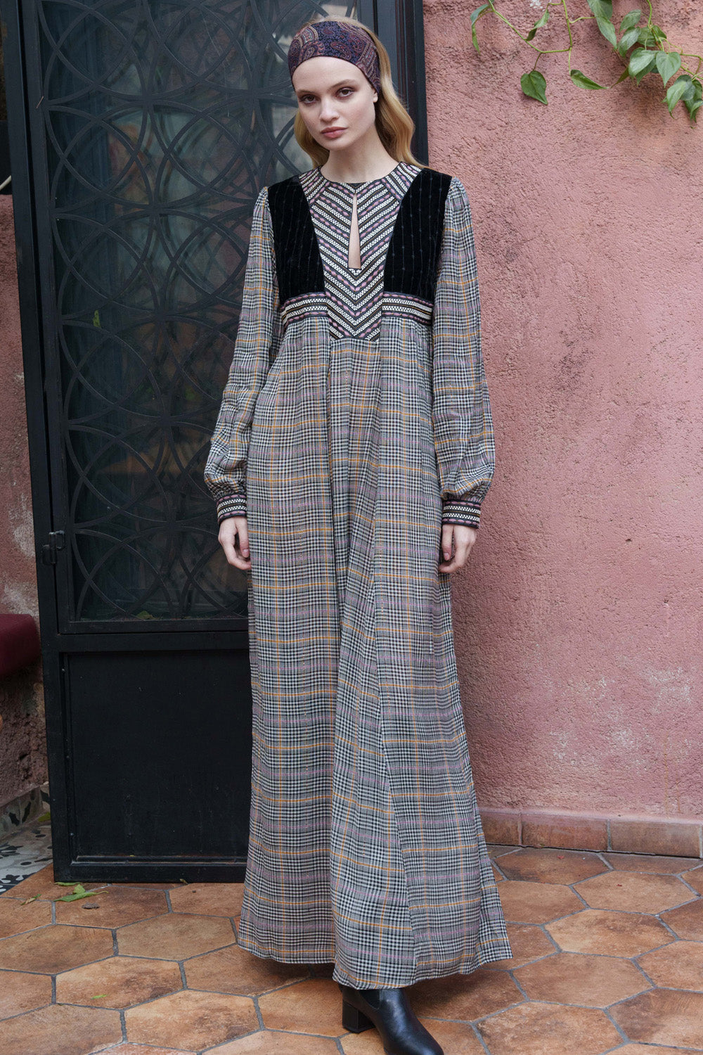 Black and white checks with embroidered yoke