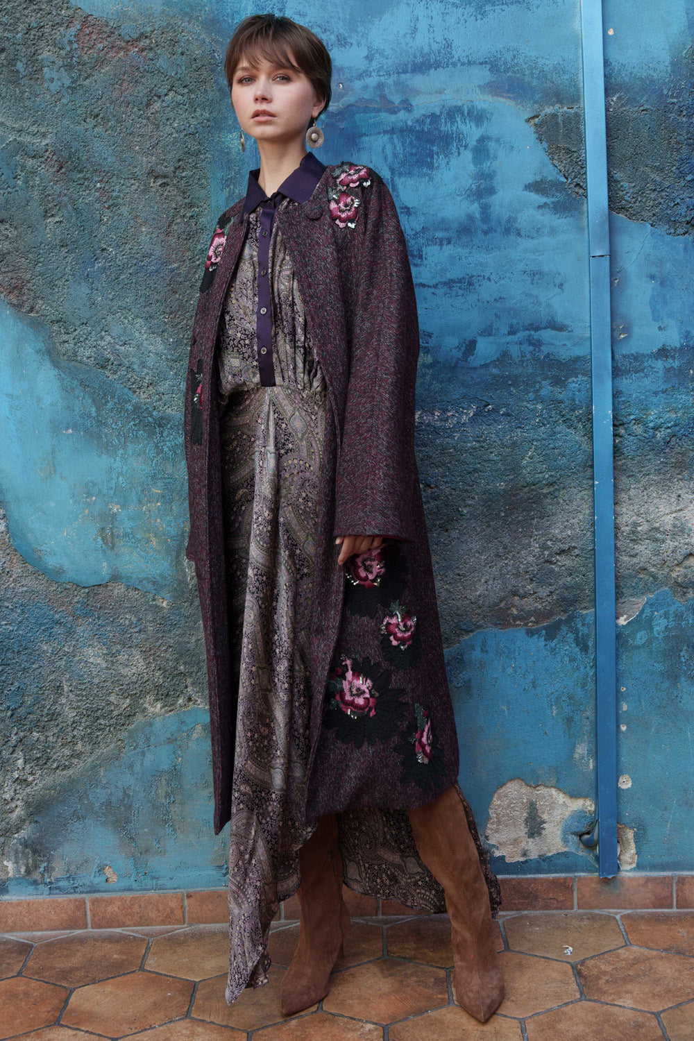 Maroon & black trench coat with floral embroidered applique