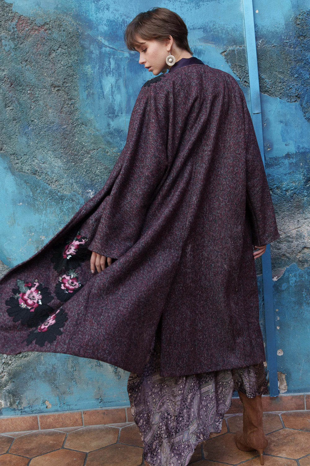 Maroon & black trench coat with floral embroidered applique