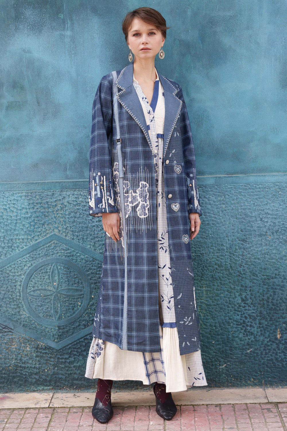 Denim printed and applique embroidered trench