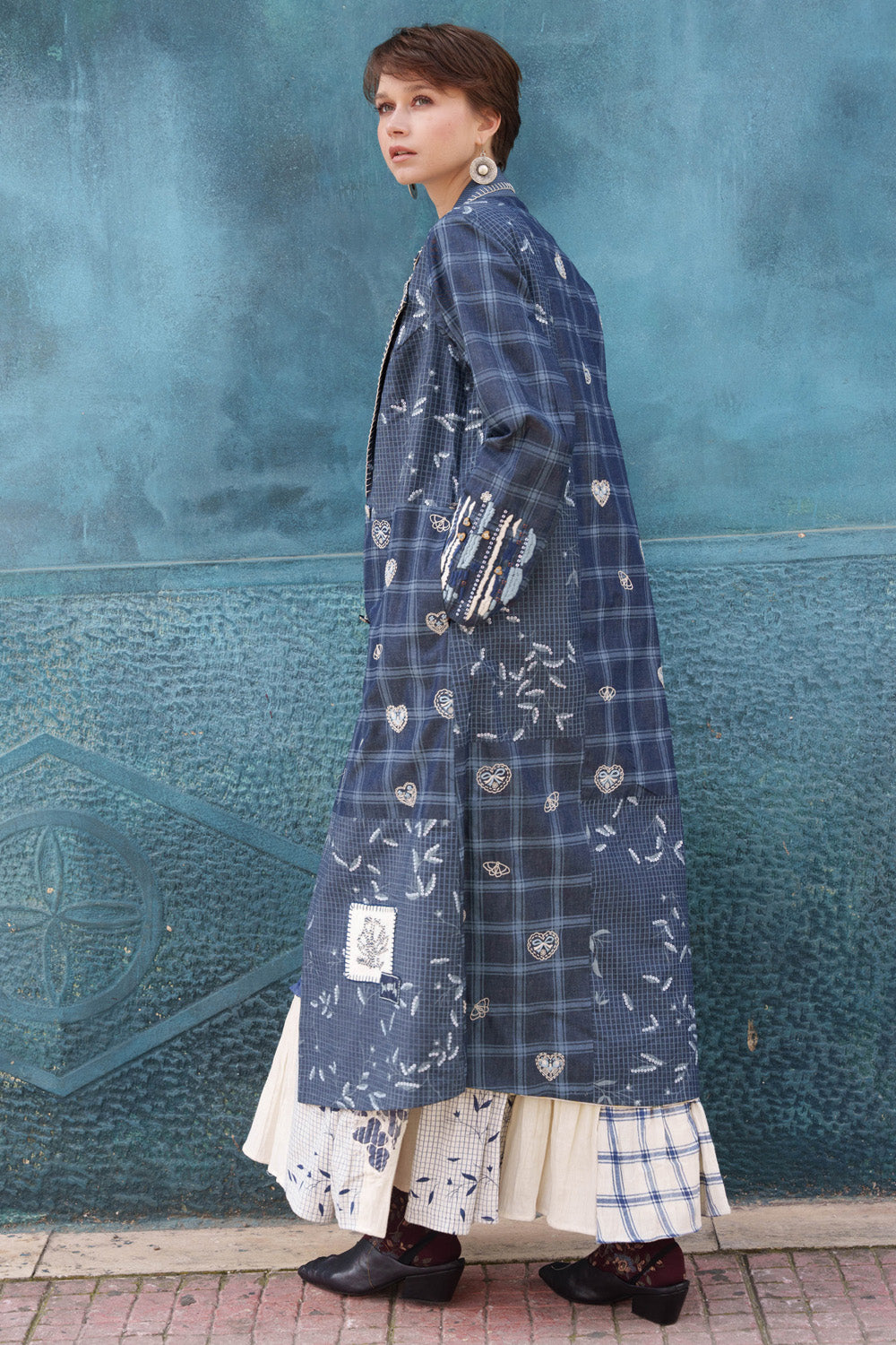 Denim printed and applique embroidered trench