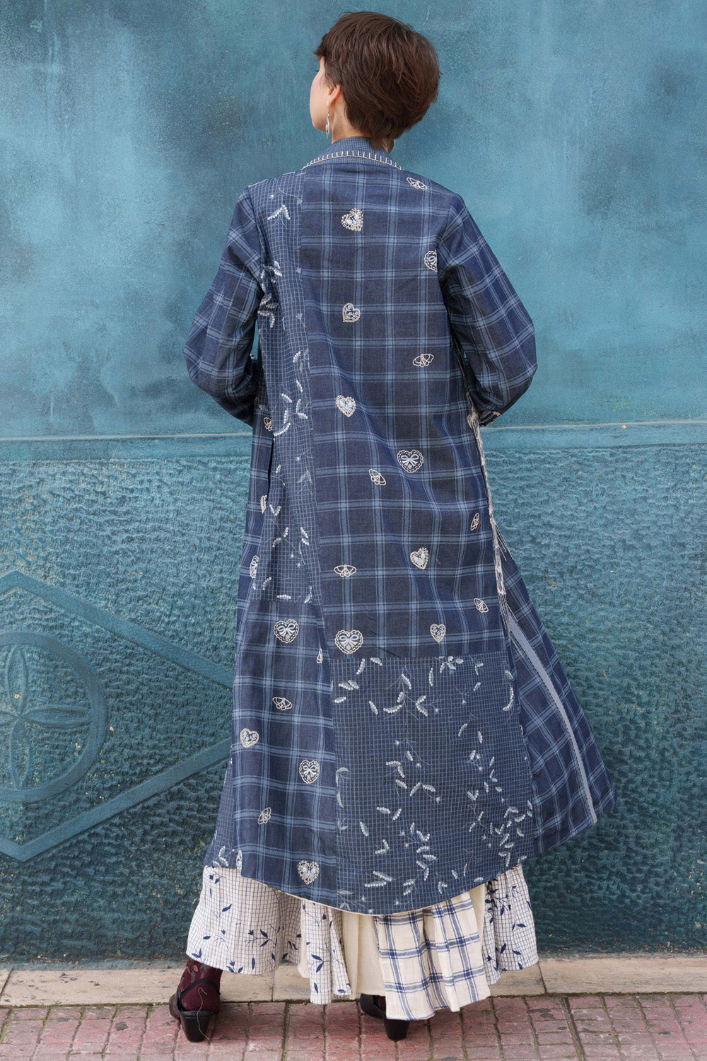 Denim printed and applique embroidered trench