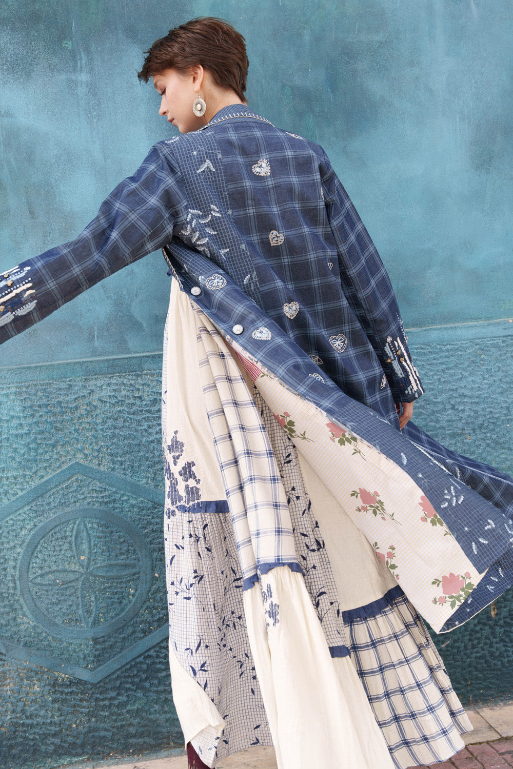 Off white fabric printed and embroidered dress