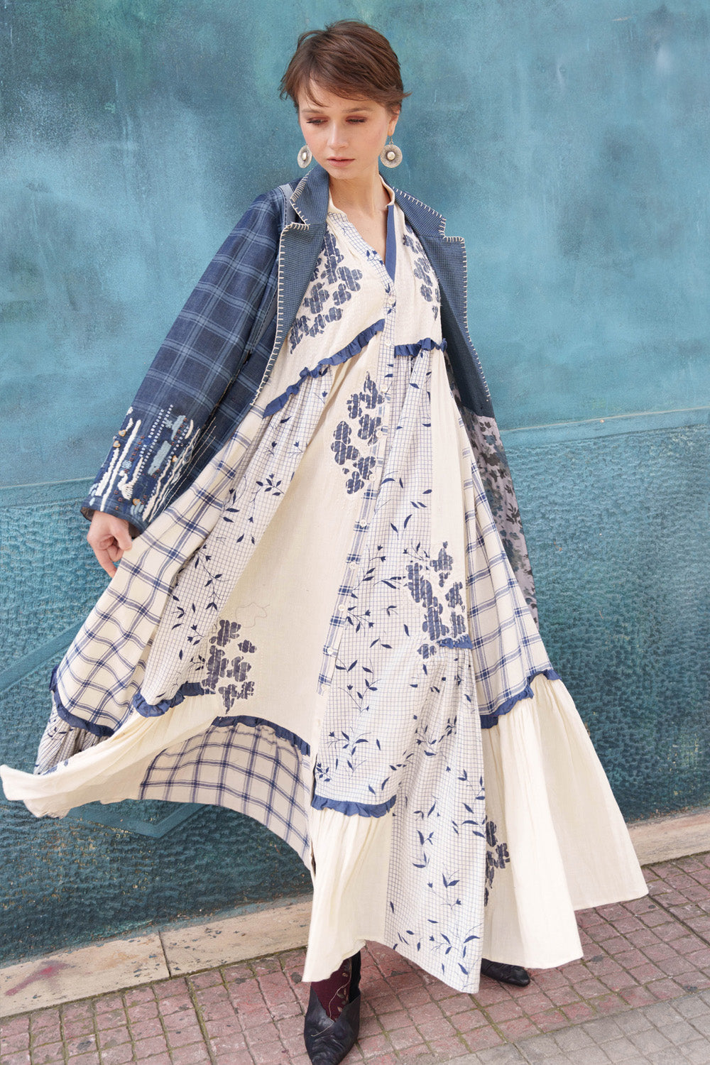 Off white fabric printed and embroidered dress