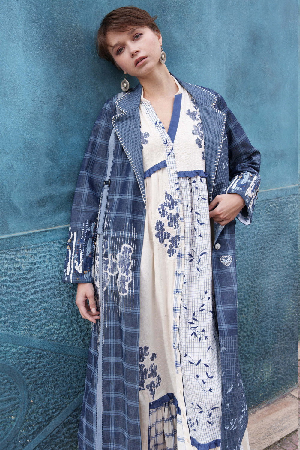 Off white fabric printed and embroidered dress