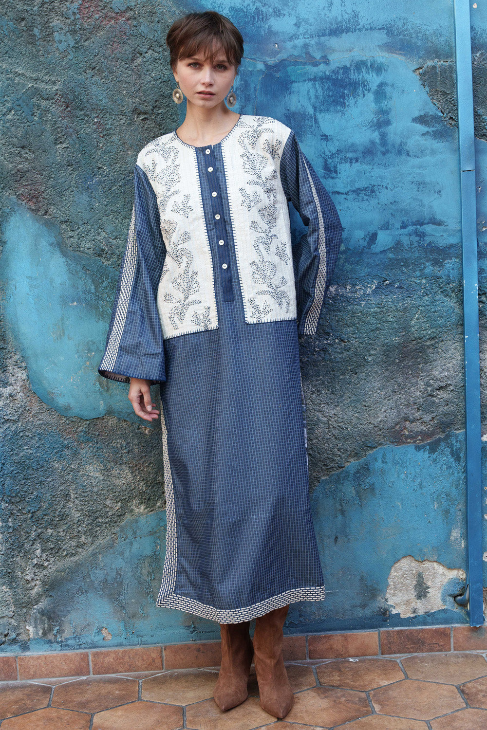 Blue denim kaftan tunic with embroidery yoke