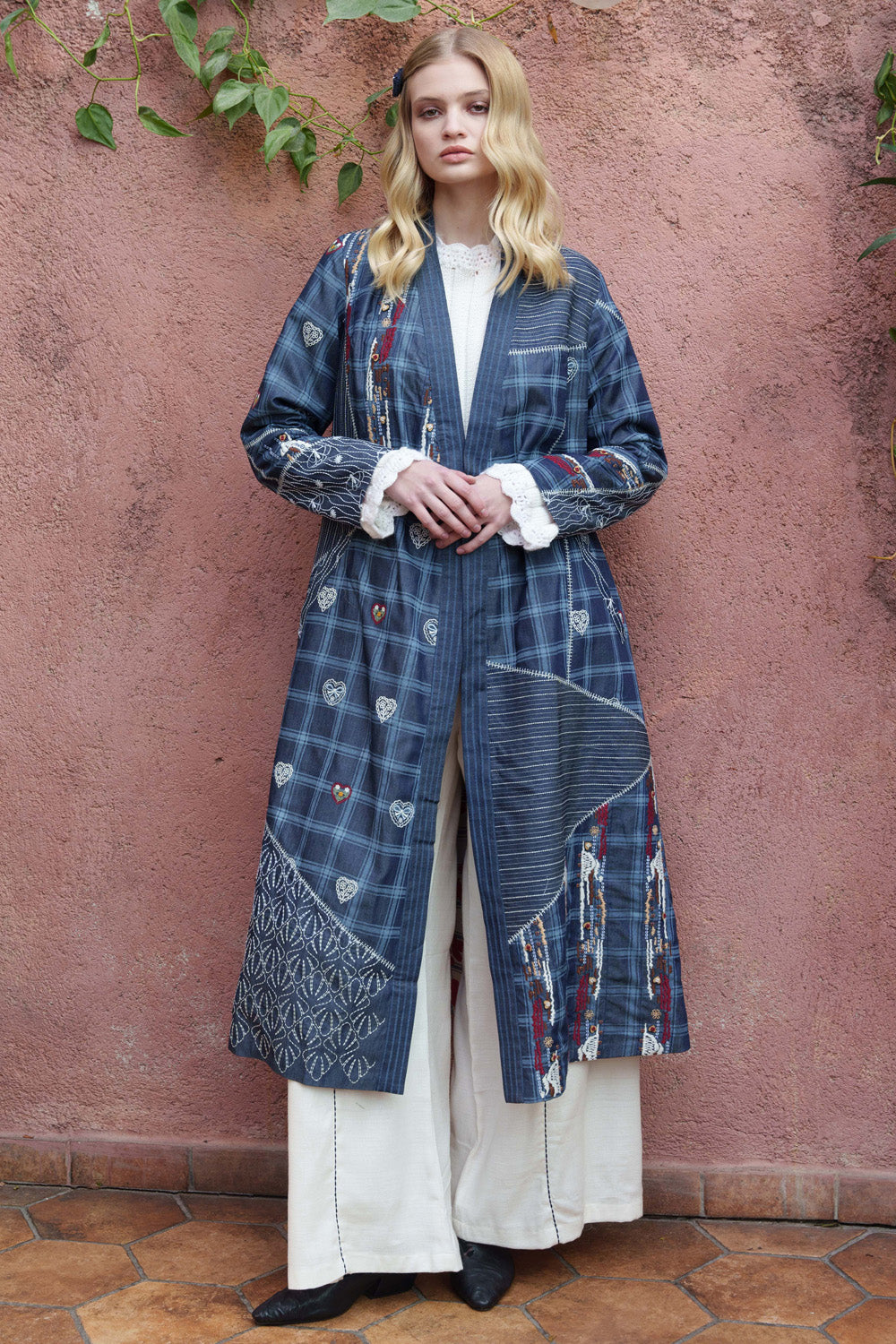 Blue denim printed and embroidered patchwork jacket