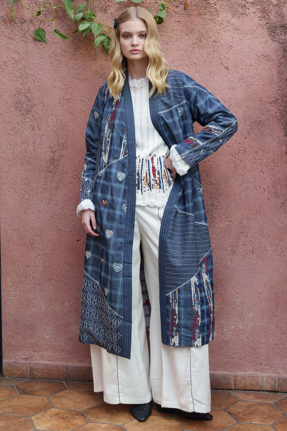 Blue denim printed and embroidered patchwork jacket