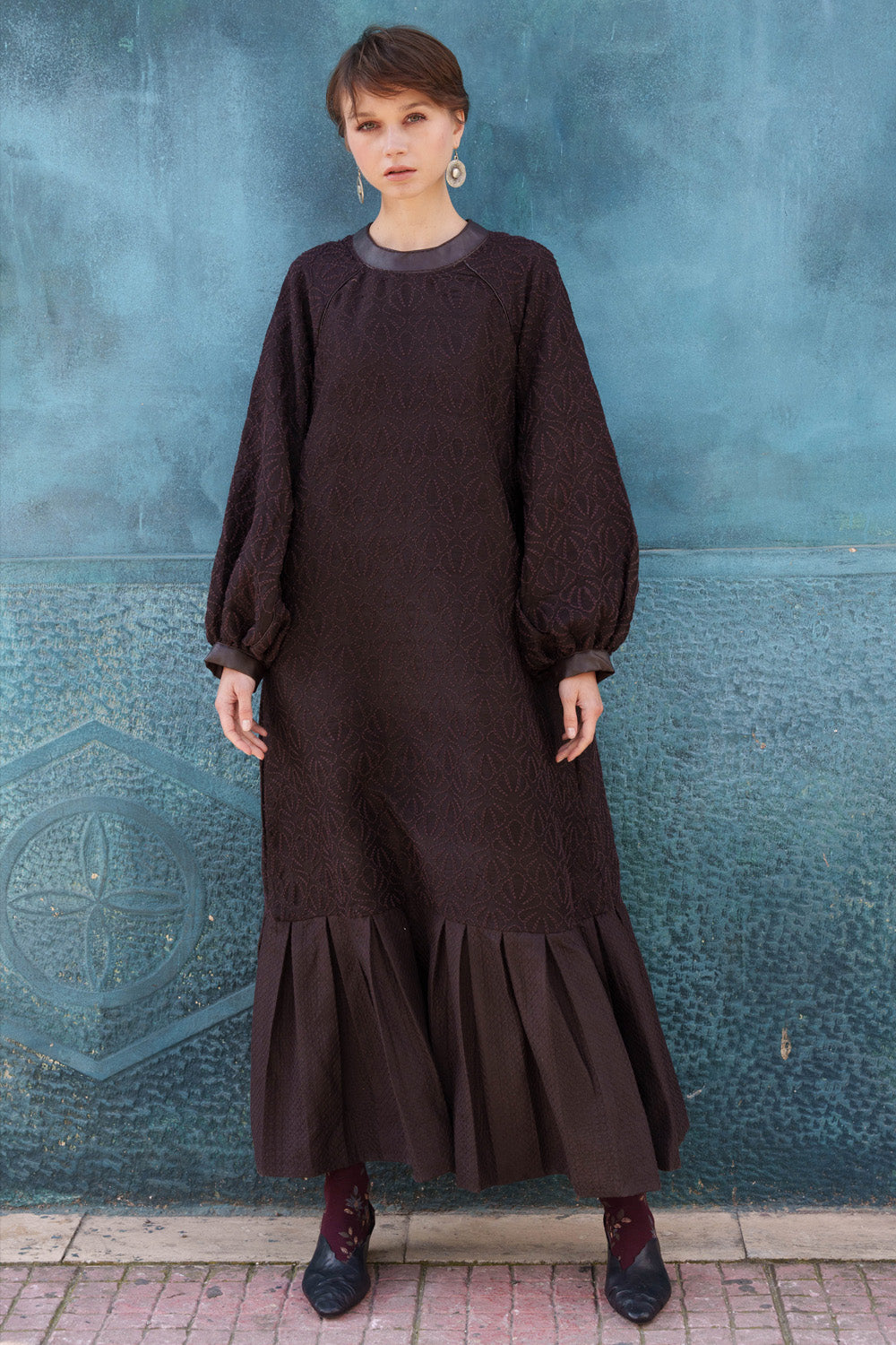 Brown embroidered midi dress
