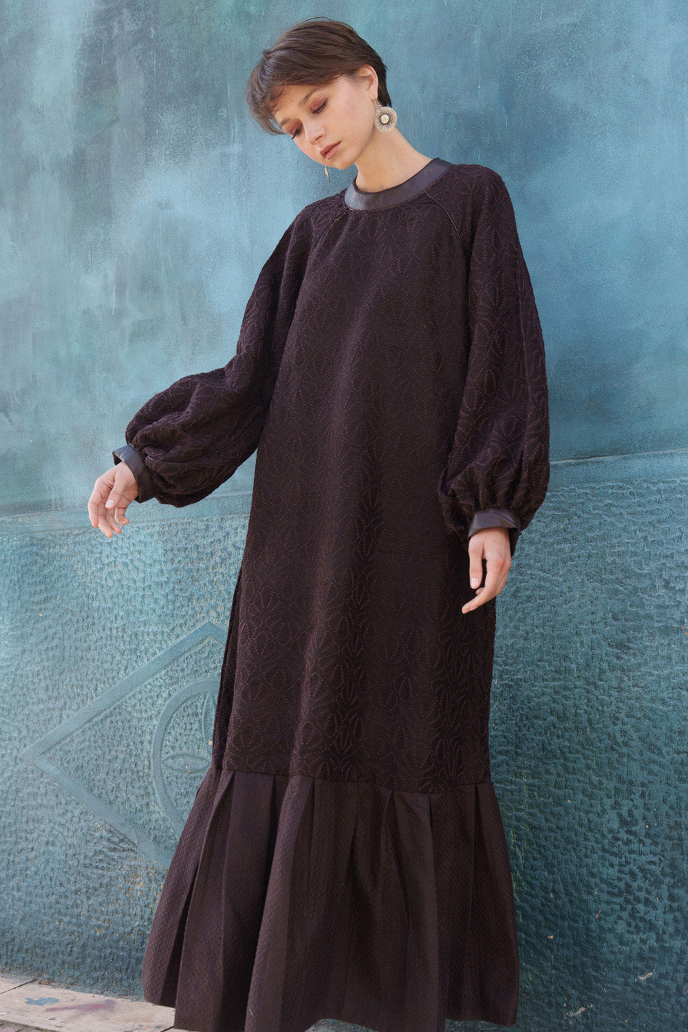 Brown embroidered midi dress