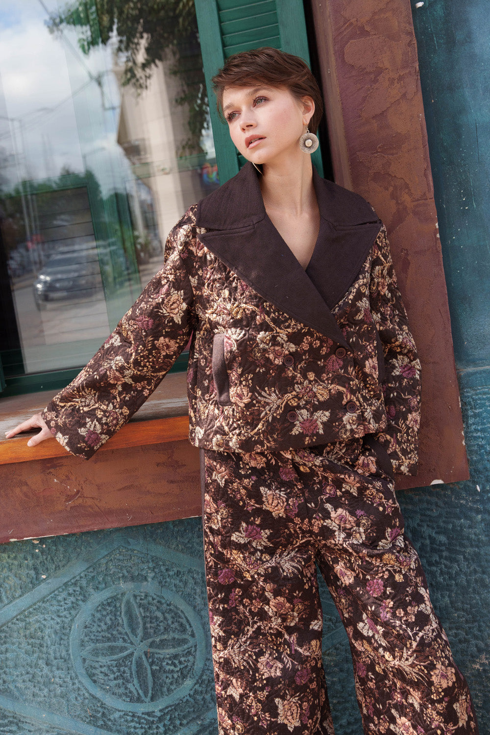 Brown satin chintz printed and quilted pantsuit