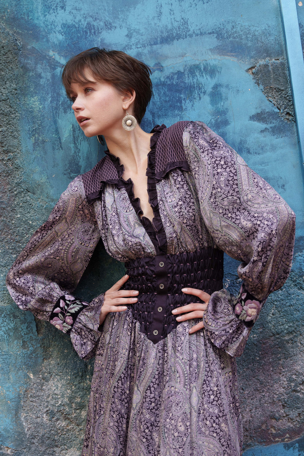 Purple paisley printed smoking maxi