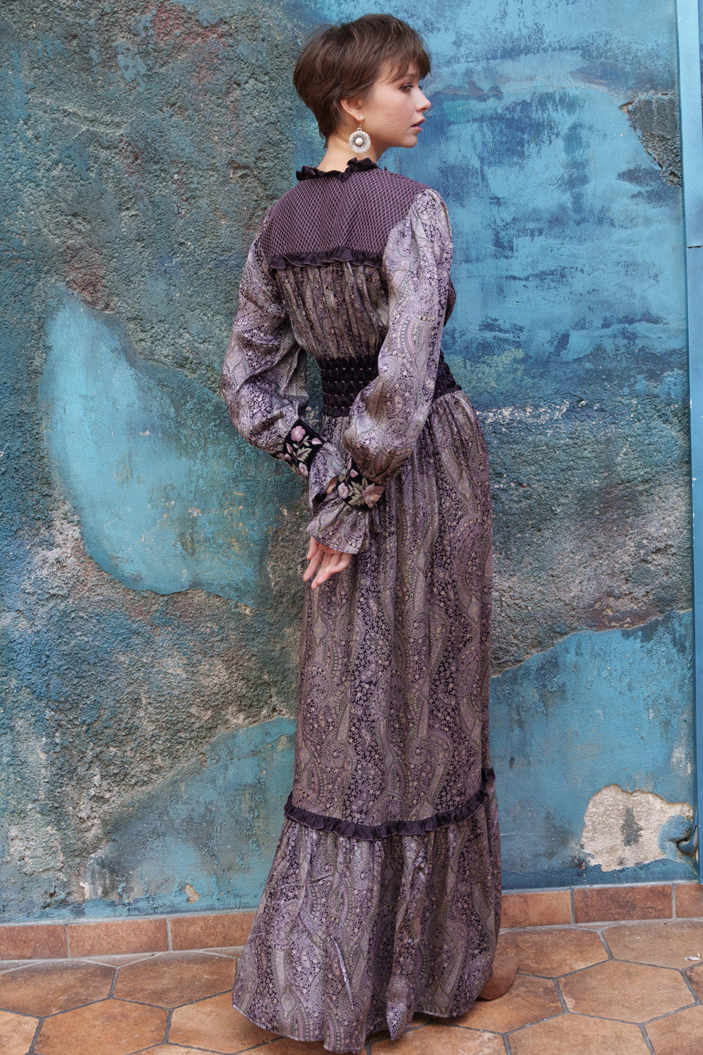 Purple paisley printed smoking maxi