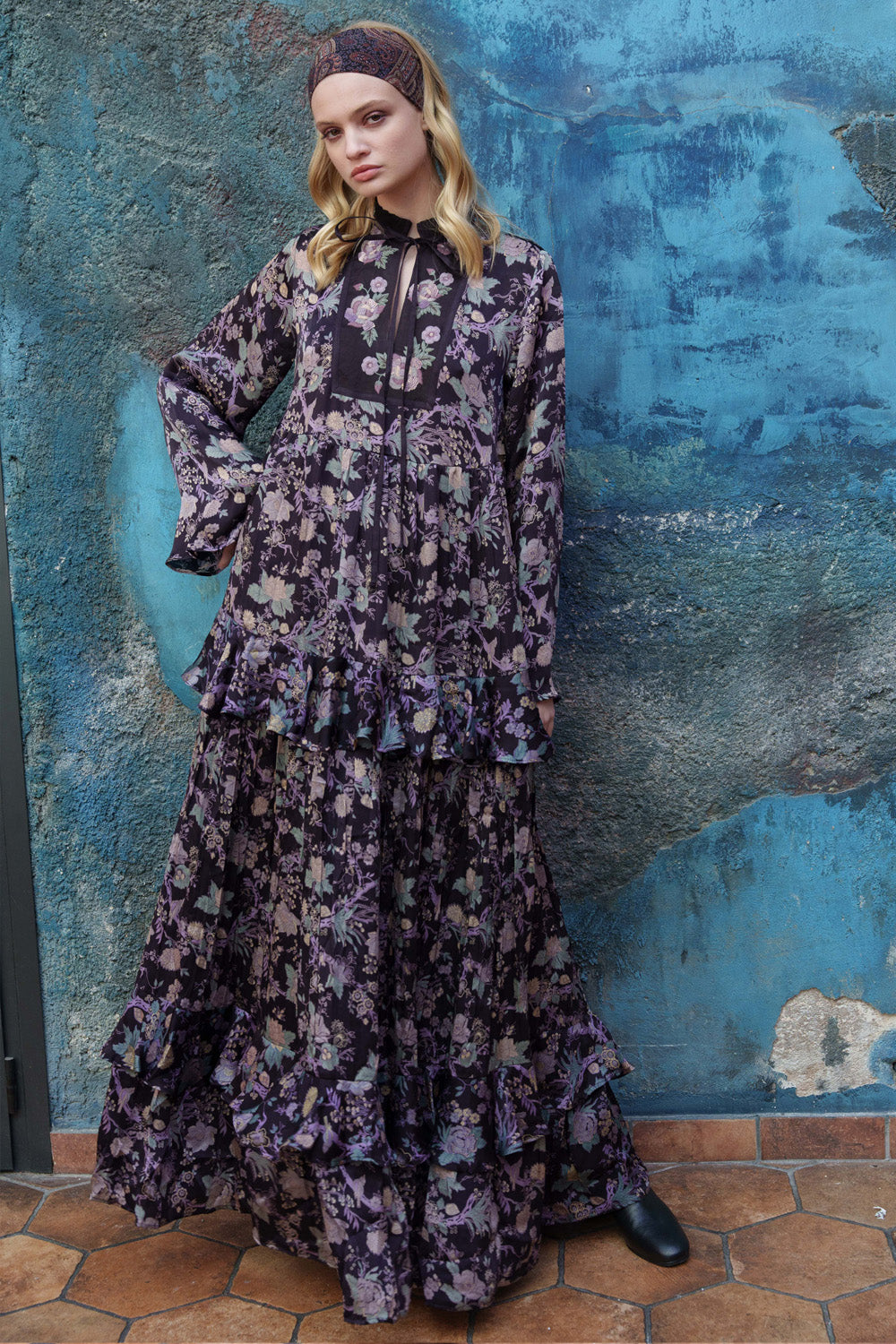 Purple satin chintz printed embroidered maxi