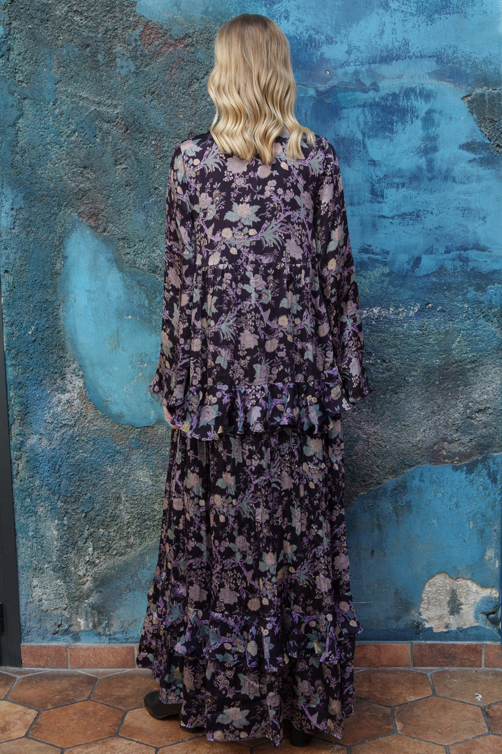 Purple satin chintz printed embroidered maxi