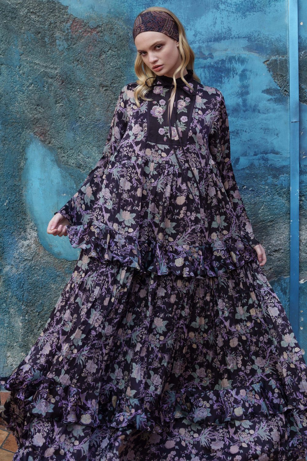 Purple satin chintz printed embroidered maxi