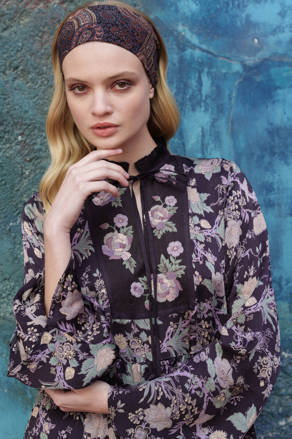 Purple satin chintz printed embroidered maxi
