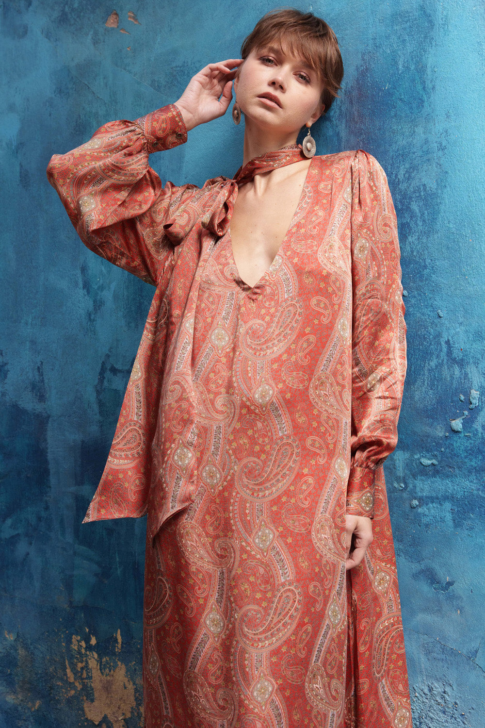 Rust paisley printed satin kaftan midi