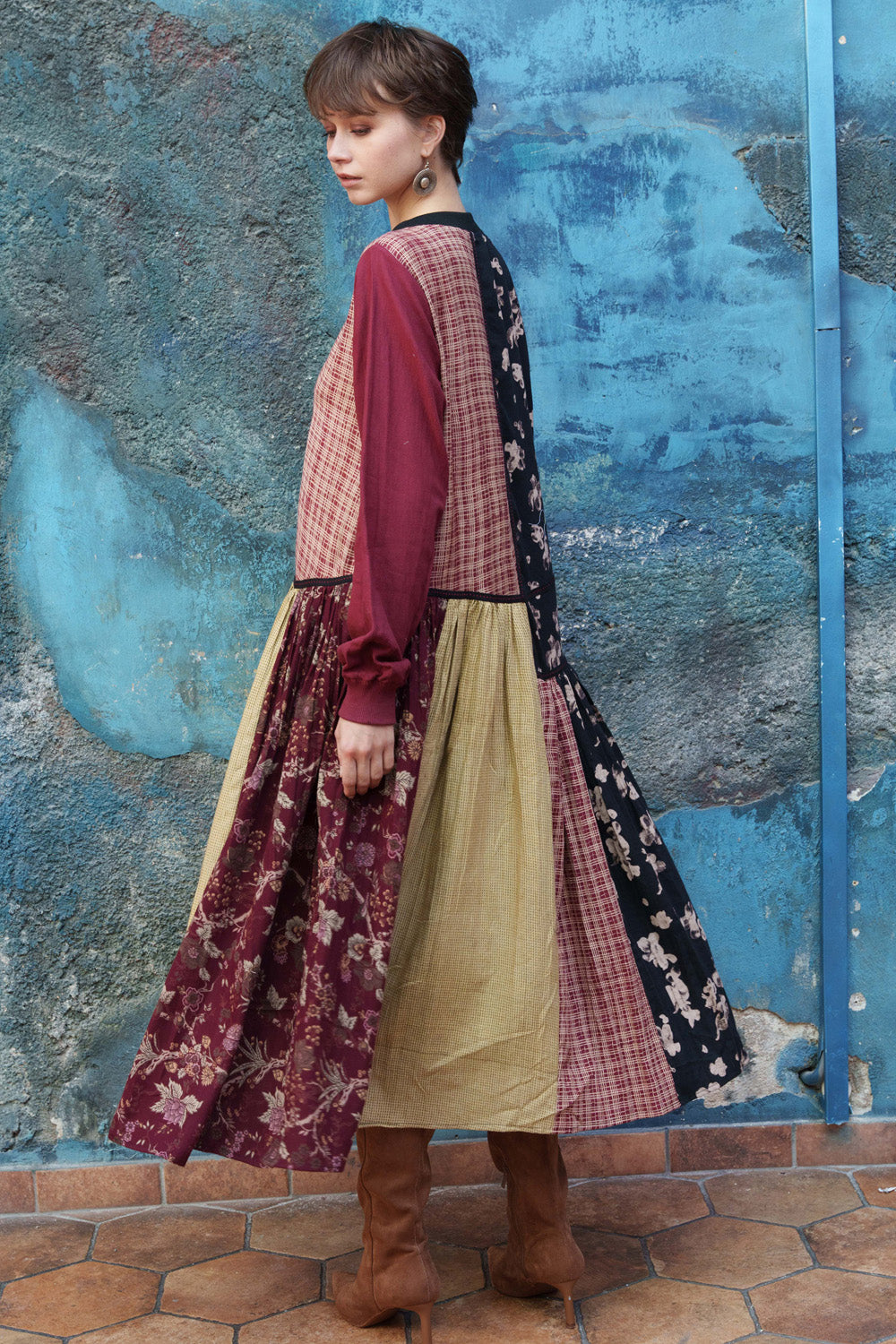 Multi color printed panelled dress with embroidery.
