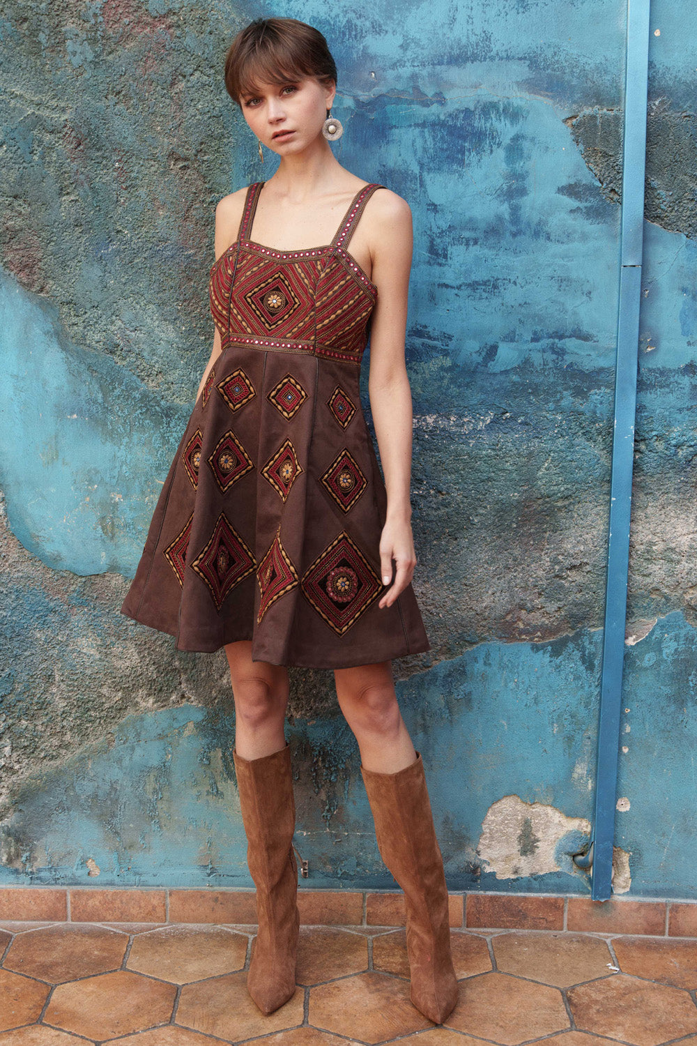Brown suede embroidered dress