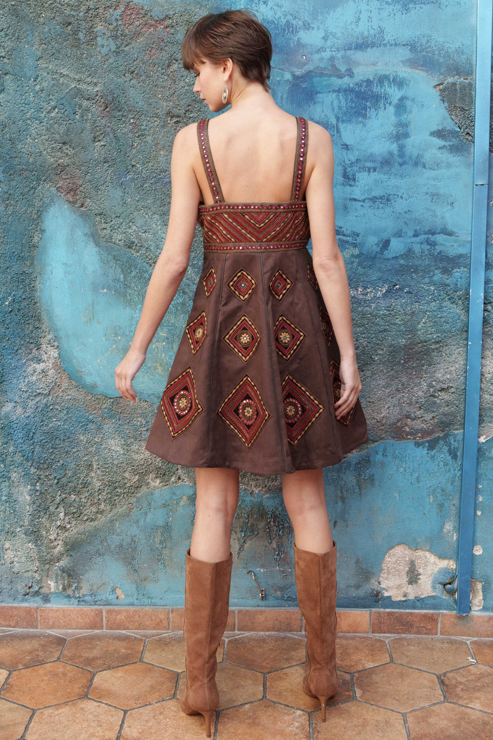 Brown suede embroidered dress