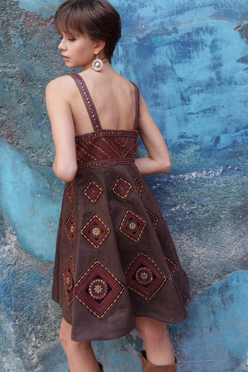 Brown suede embroidered dress