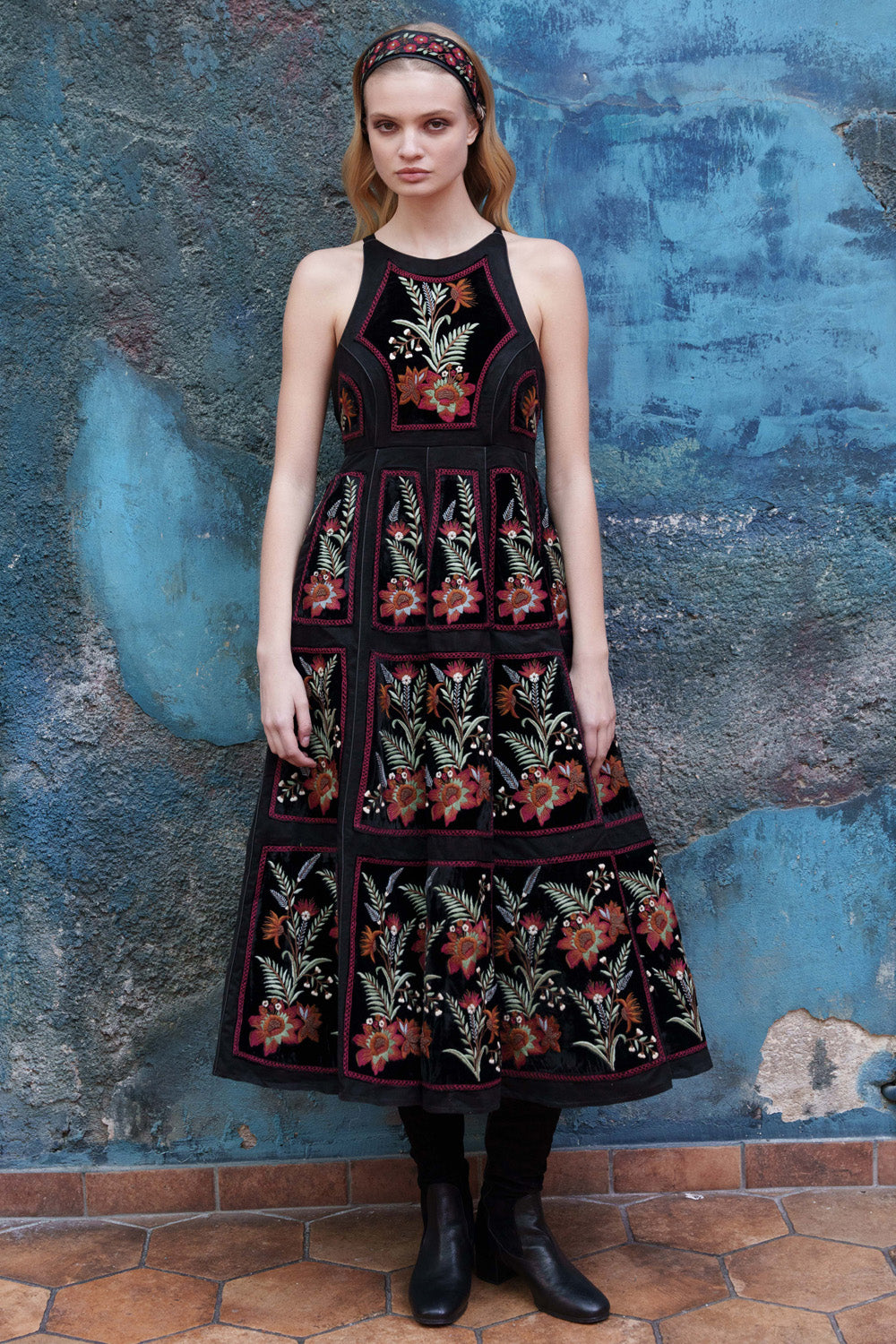 Black suede chintz embroidered midi