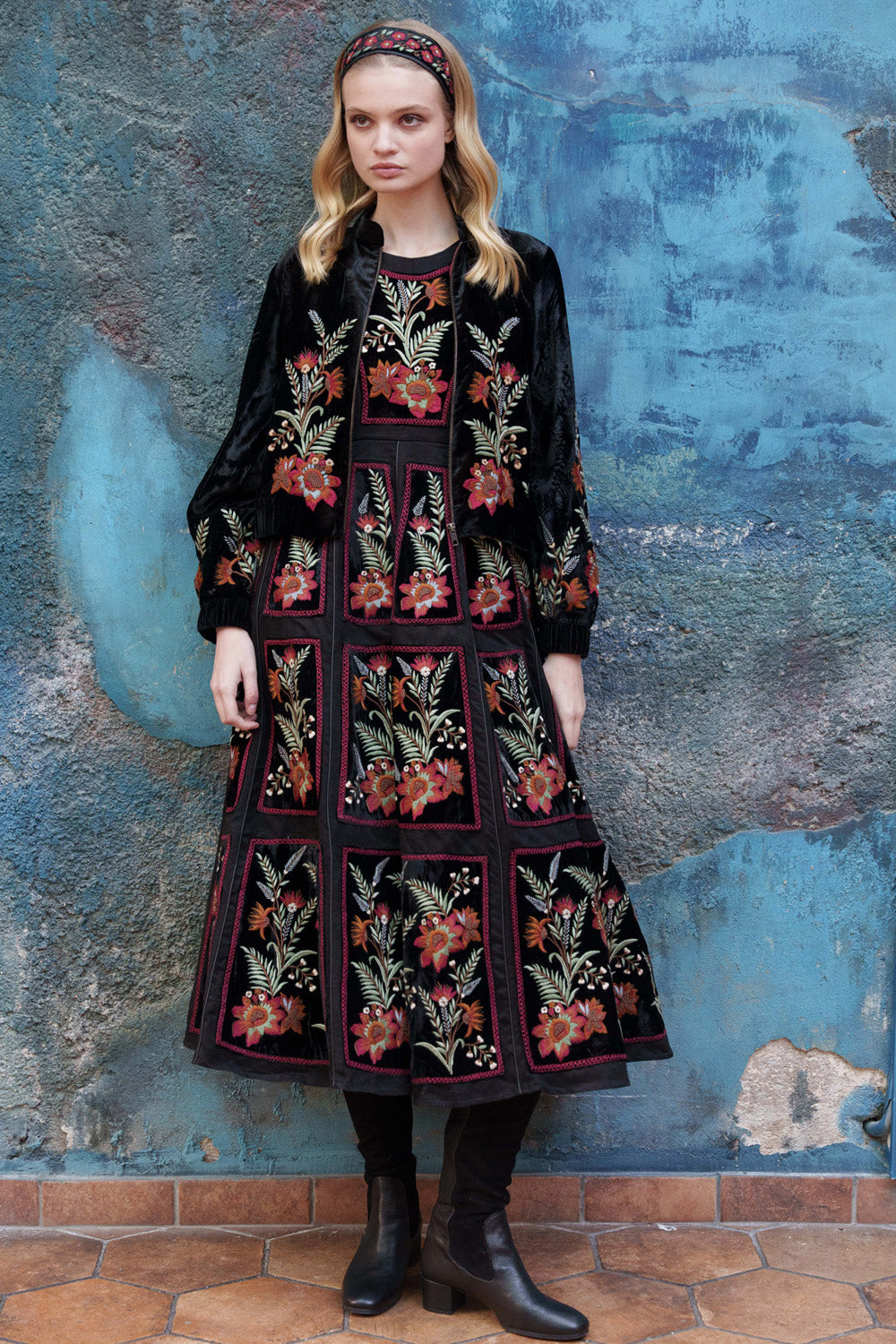 Black velvet embroidered bomber