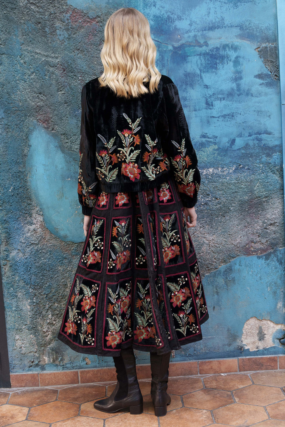 Black velvet embroidered bomber