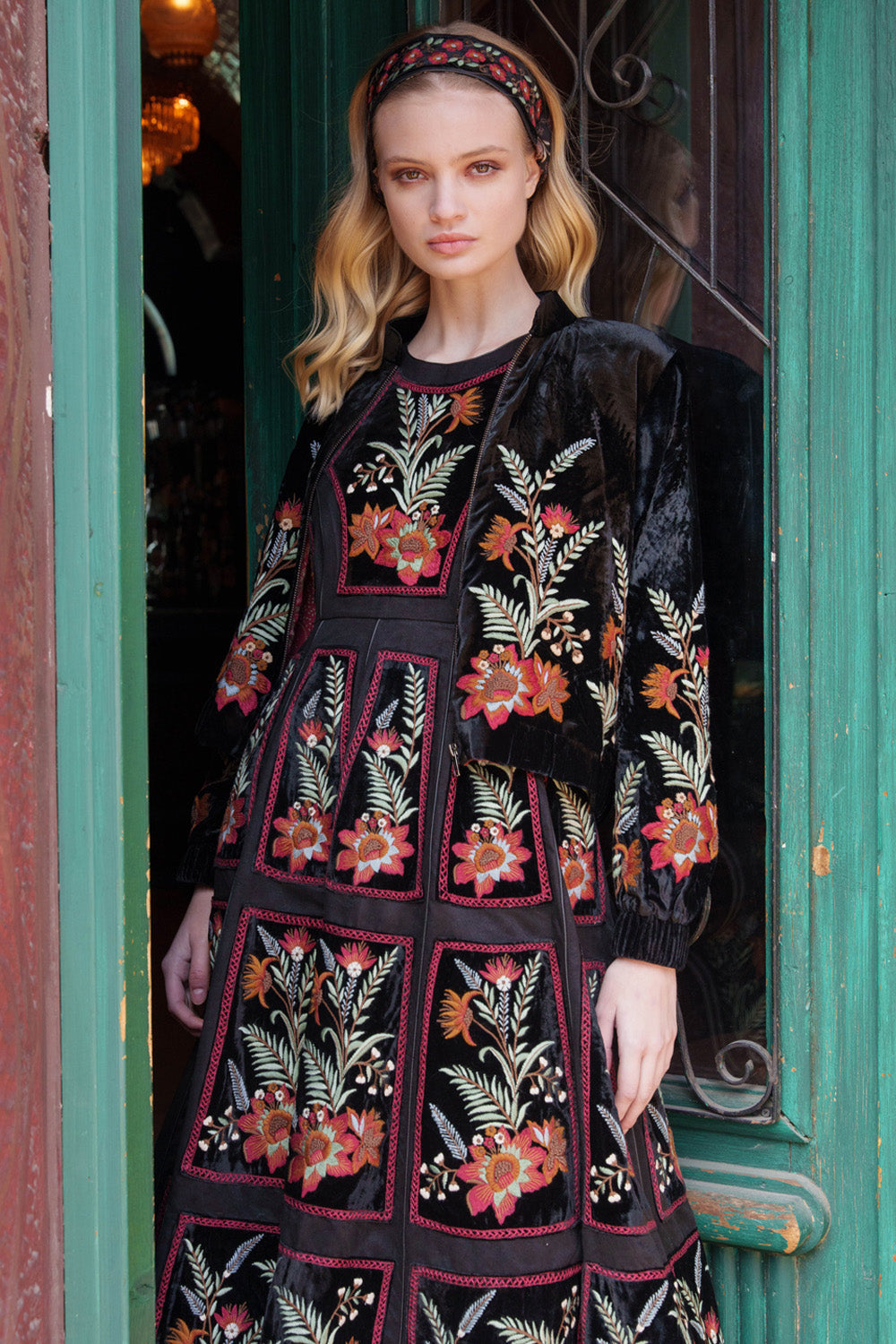 Black velvet embroidered bomber