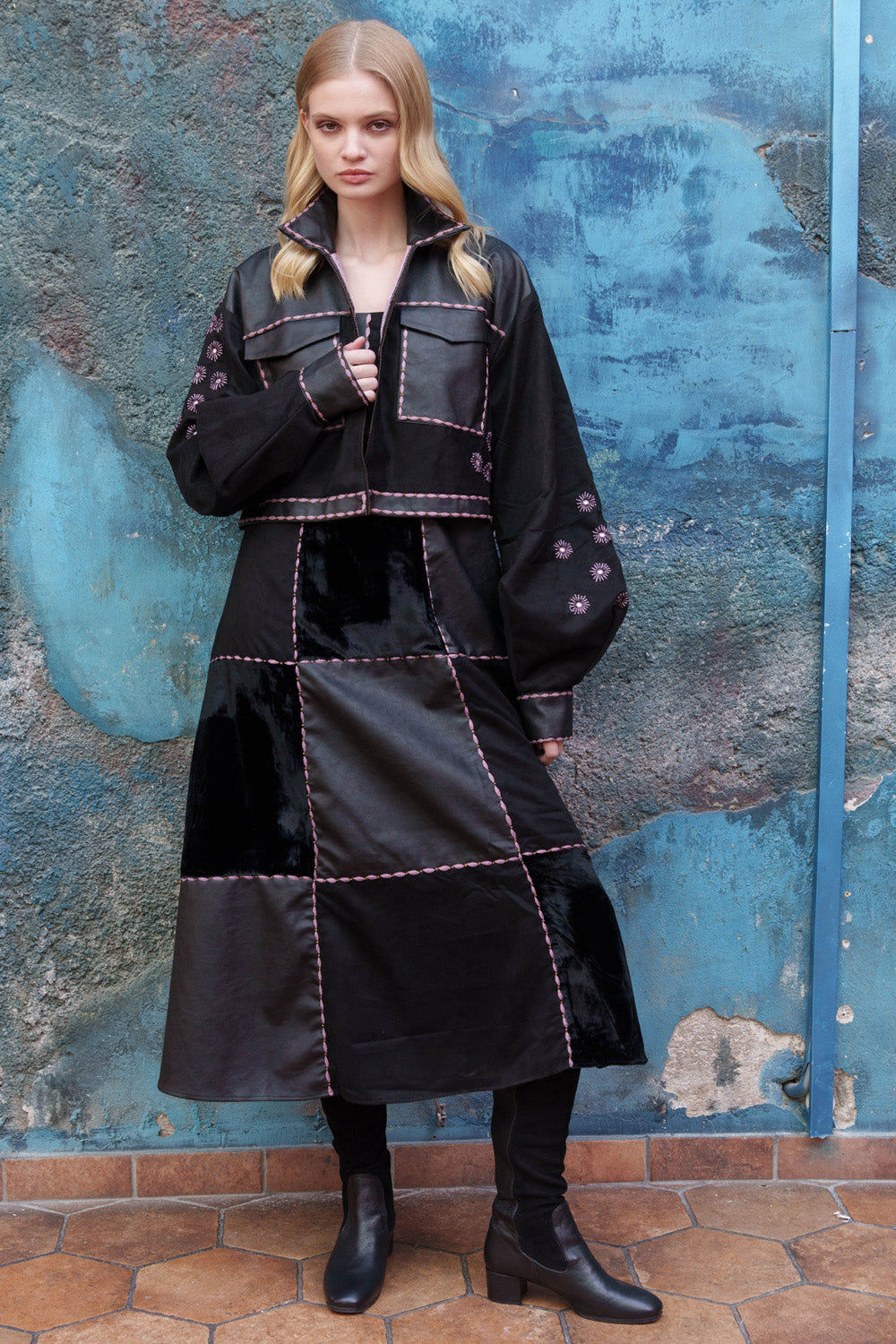 Black mixed material crop jacket