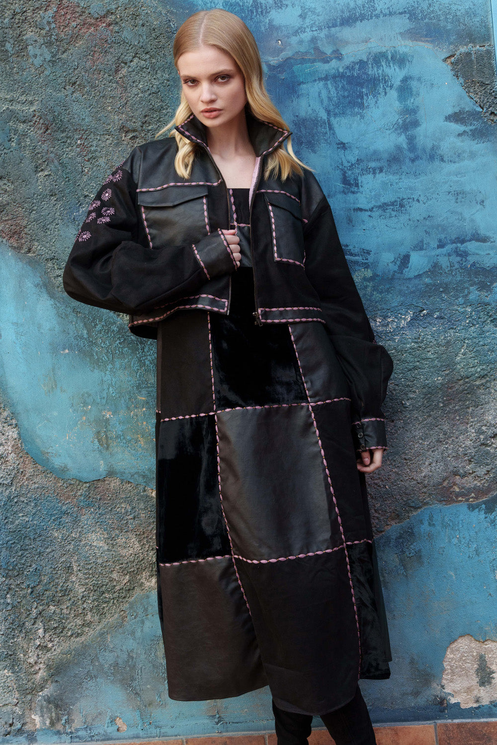Black mixed material crop jacket