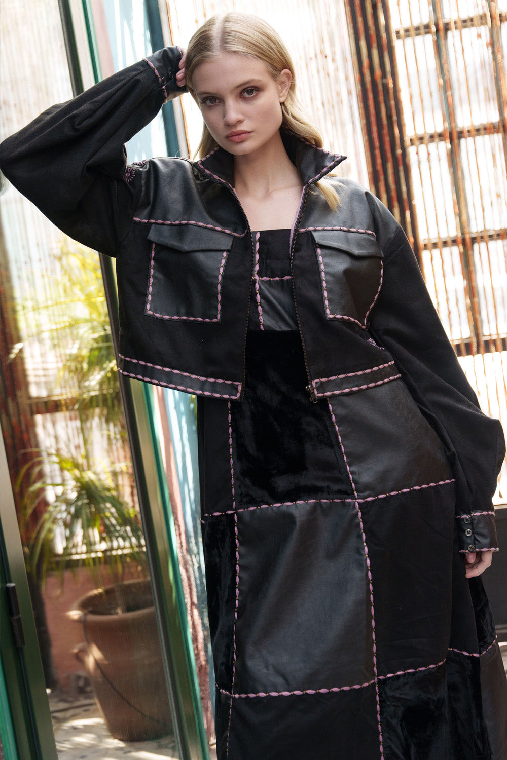 Black mixed material crop jacket