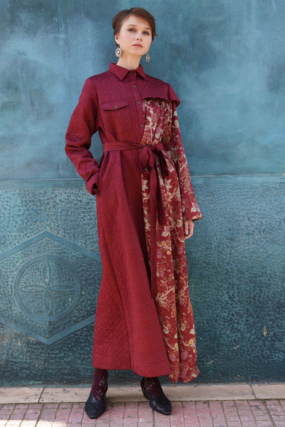 Maroon satin prilted and quilted dress