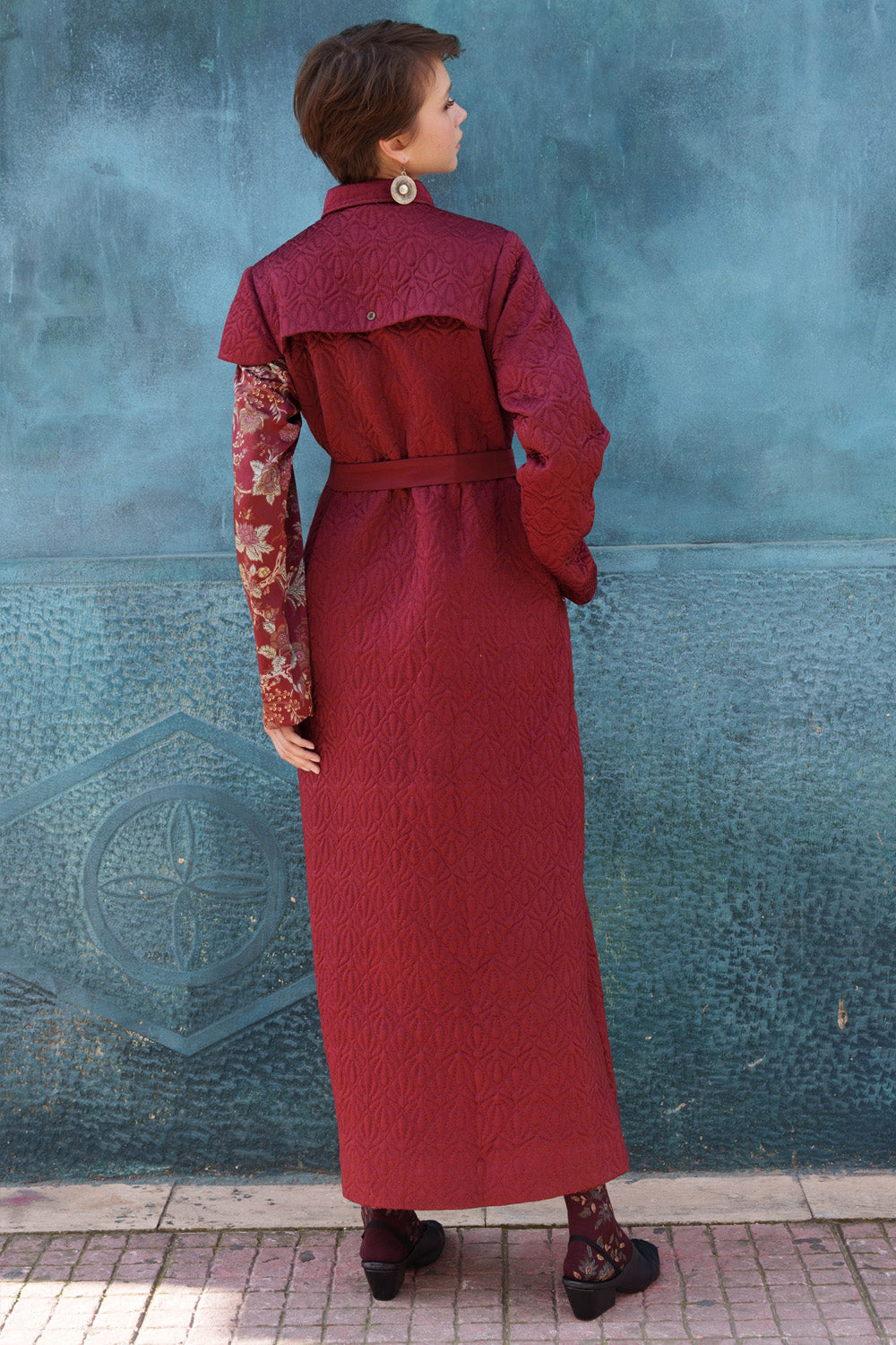 Maroon satin prilted and quilted dress