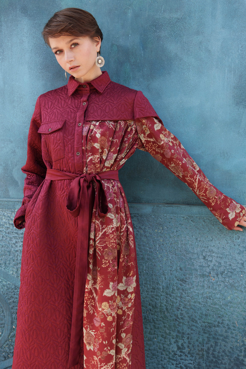 Maroon satin prilted and quilted dress