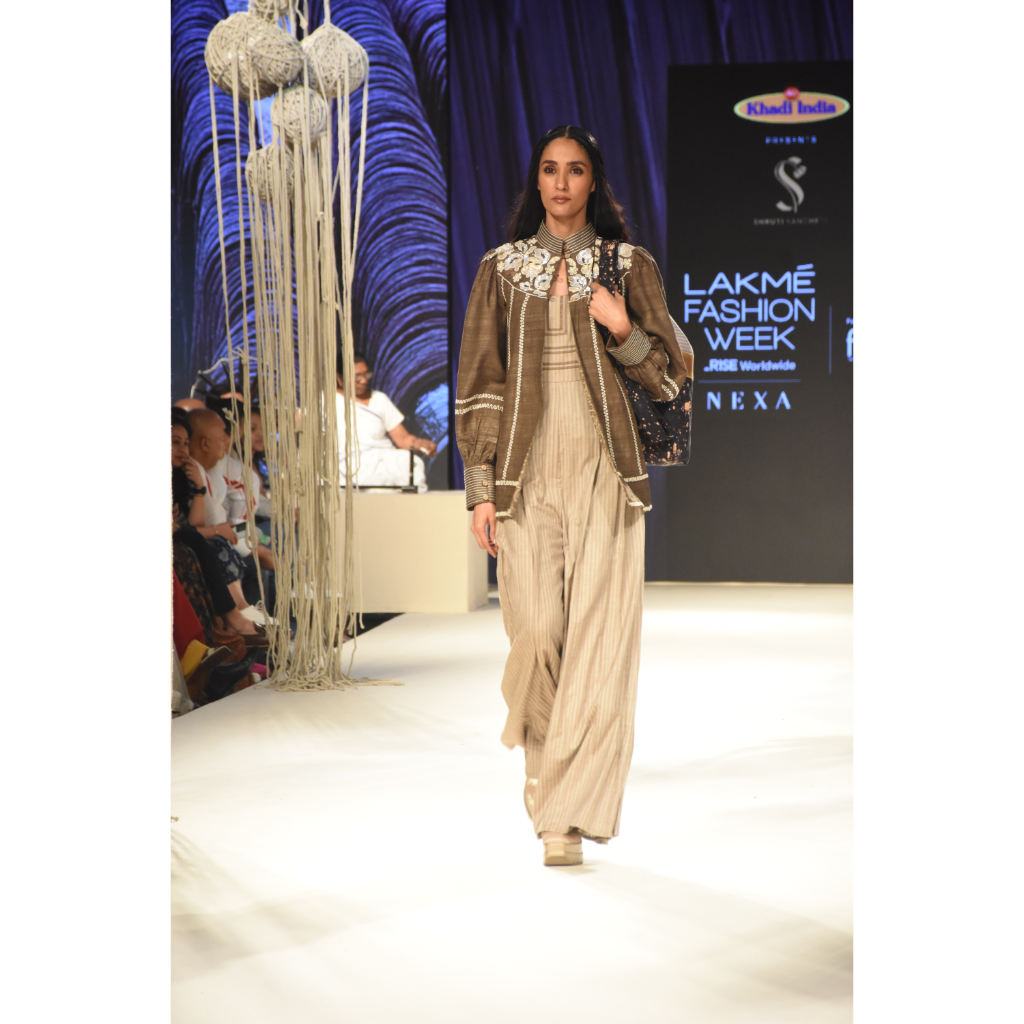 Brown khadi jacket with embroidered yoke