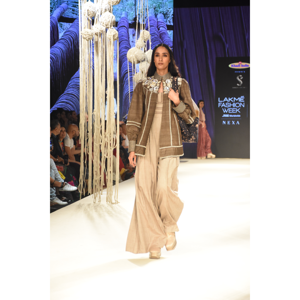 Brown khadi jacket with embroidered yoke