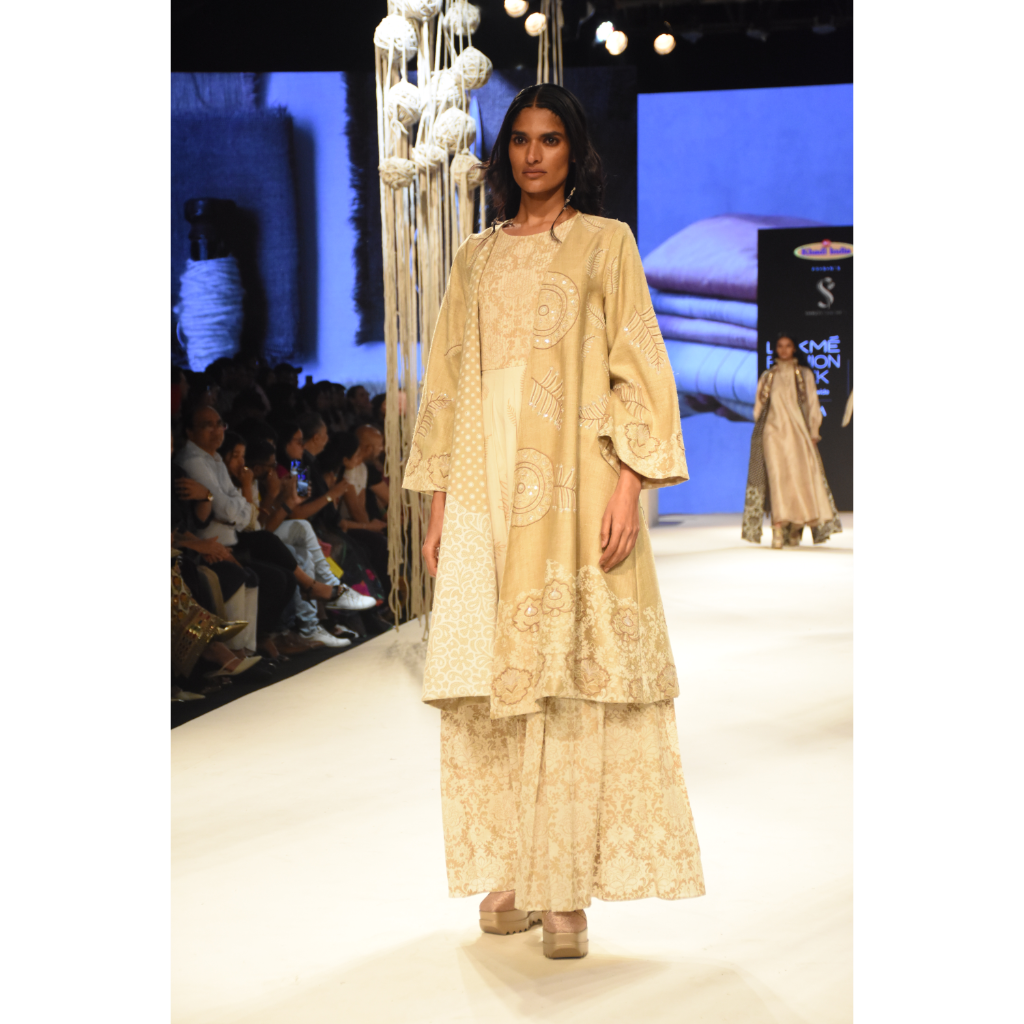 Beige khadi printed and embroidered jacket with a khadi printed and pleated maxi