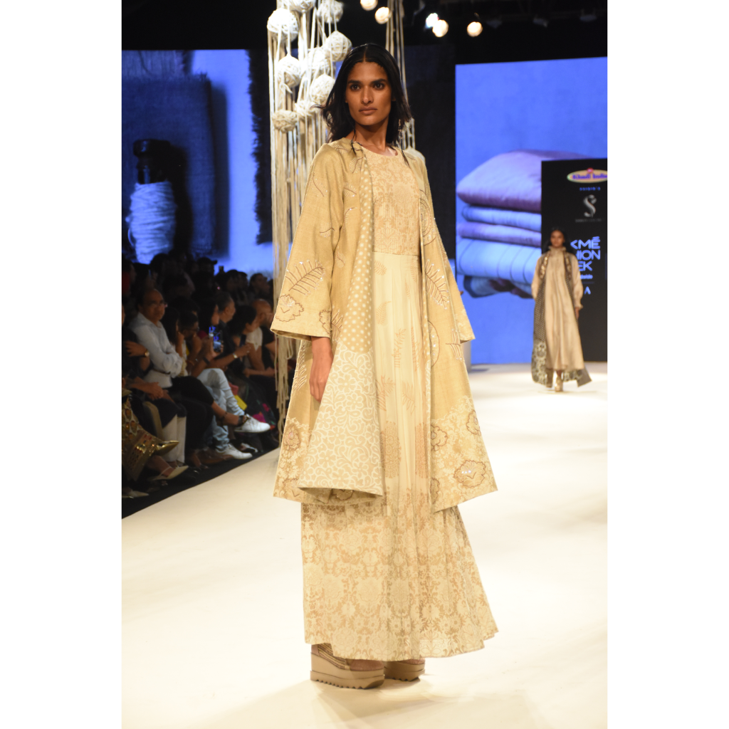 Beige khadi printed and embroidered jacket with a khadi printed and pleated maxi