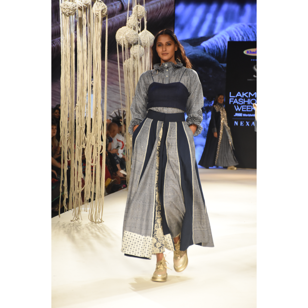 Blue checked kalidar front open skirt with printed attached pants and blue checked shirt and blue bustier